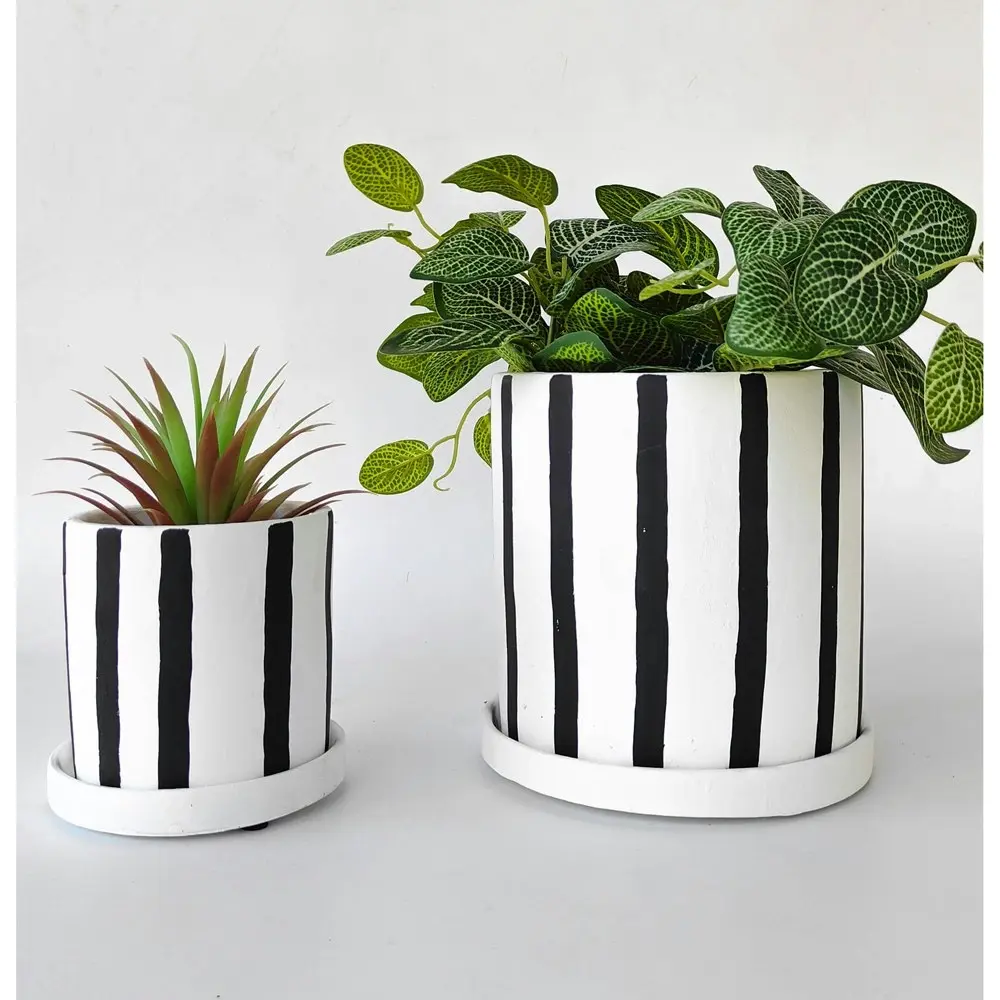 4x Urban Julia Stripe 11cm Planter w/ Saucer Plant Pot Small Charcoal/White