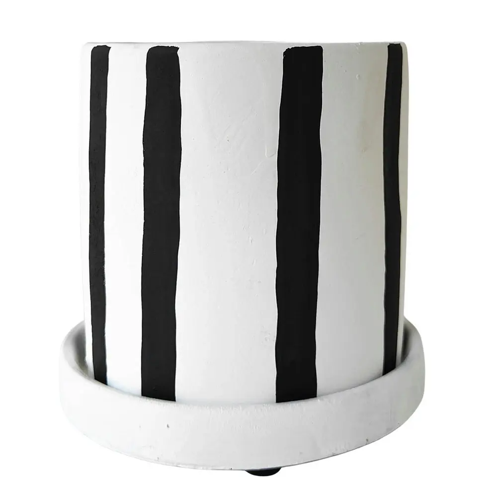 4x Urban Julia Stripe 11cm Planter w/ Saucer Plant Pot Small Charcoal/White