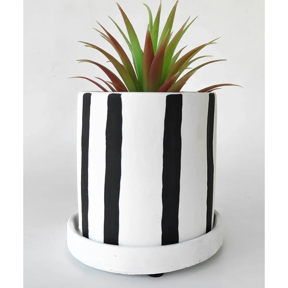 4x Urban Julia Stripe 11cm Planter w/ Saucer Plant Pot Small Charcoal/White