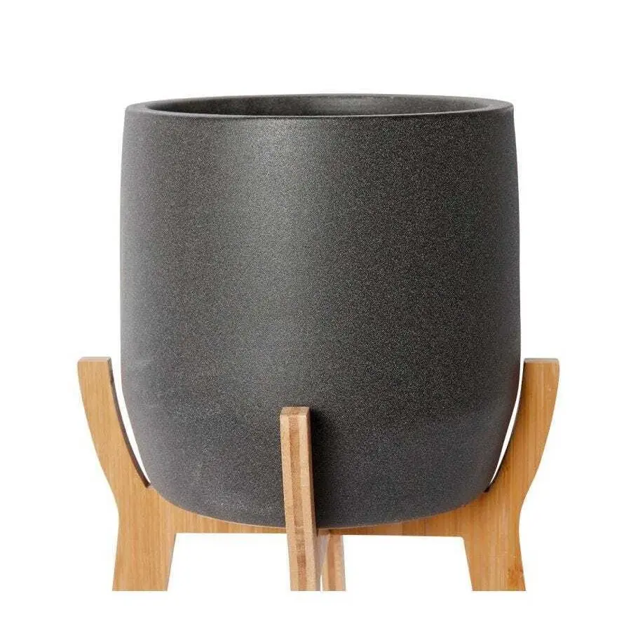 E Style Lawson 49cm Ceramic/Wood Plant Pot w/ Stand Round Home Decor Black