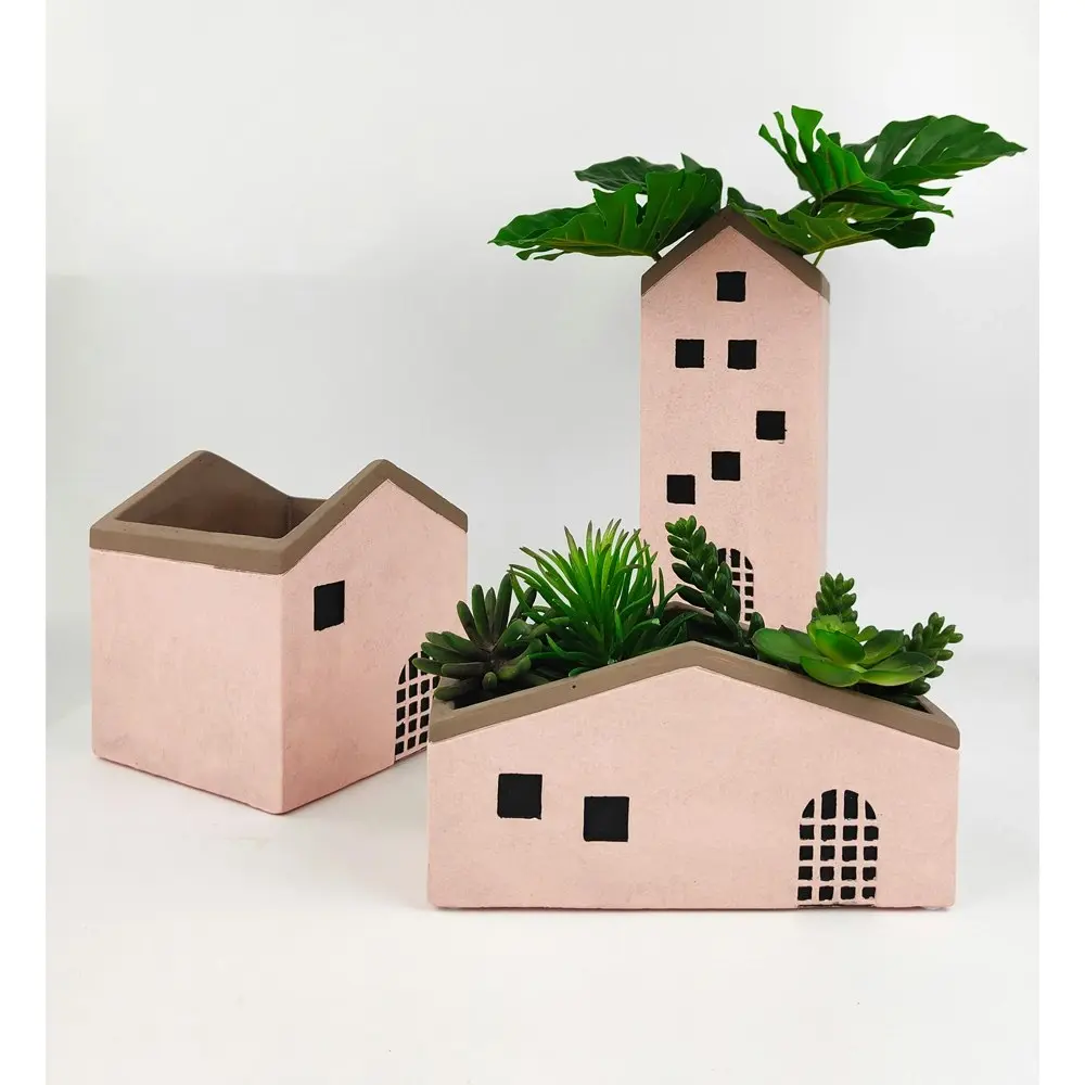 2x Urban Jonah House 15x16cm Concrete Medium Planter Flower/Plant Pot Decor Pink