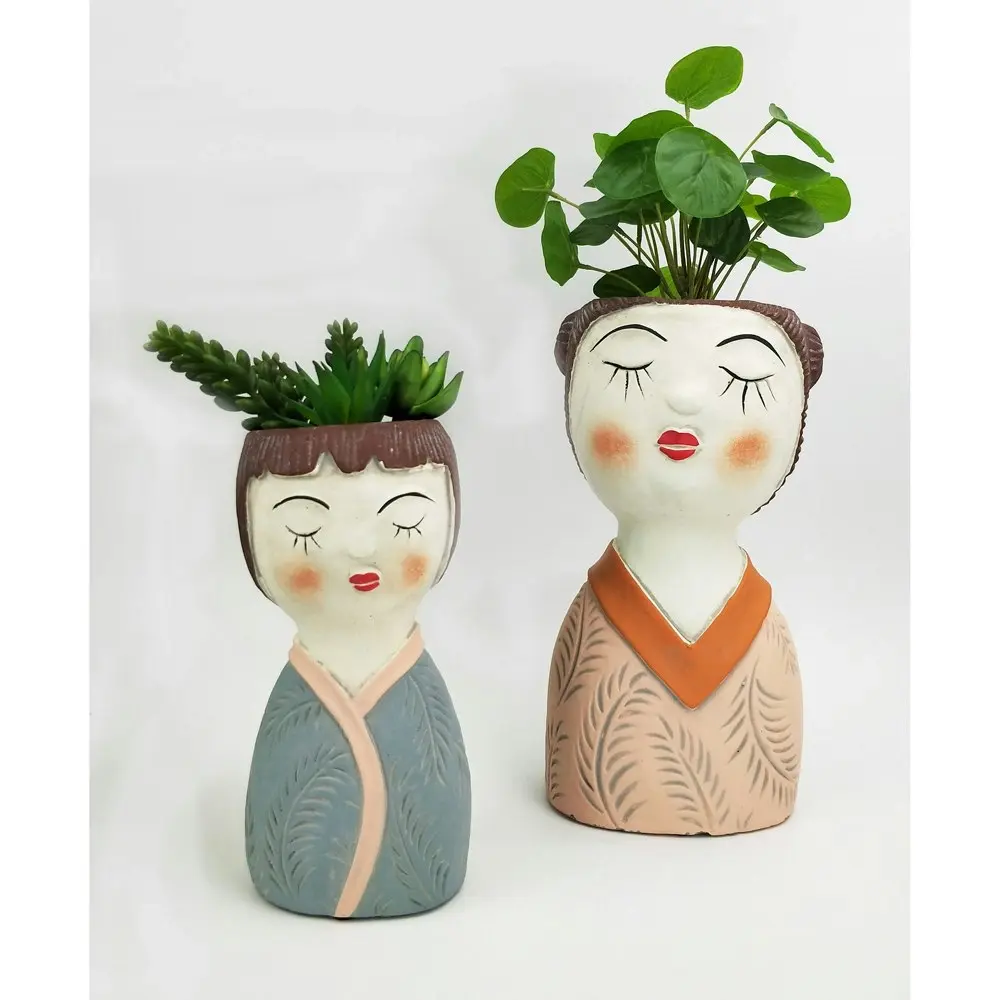 2x Urban Girl Palm 22.5cm Concrete Planter Flower/Plant Pot Small Decor Blue