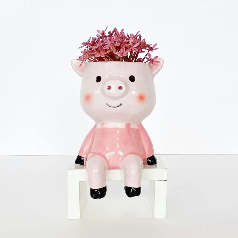 2x Urban Products Sitting Pig Themed Planter Home Garden Decor Light Pink 14cm