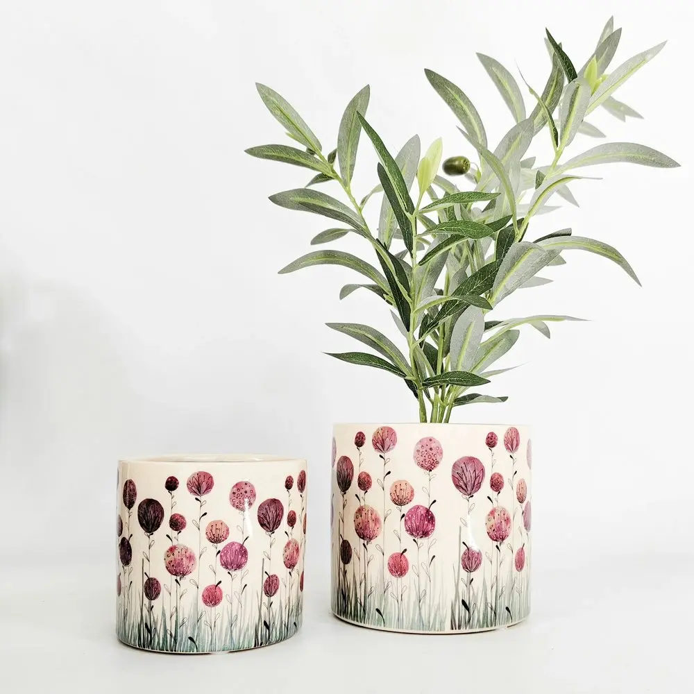 2x Urban Products Flower Pattern Planter Home Garden Decor Pink Natural 12cm