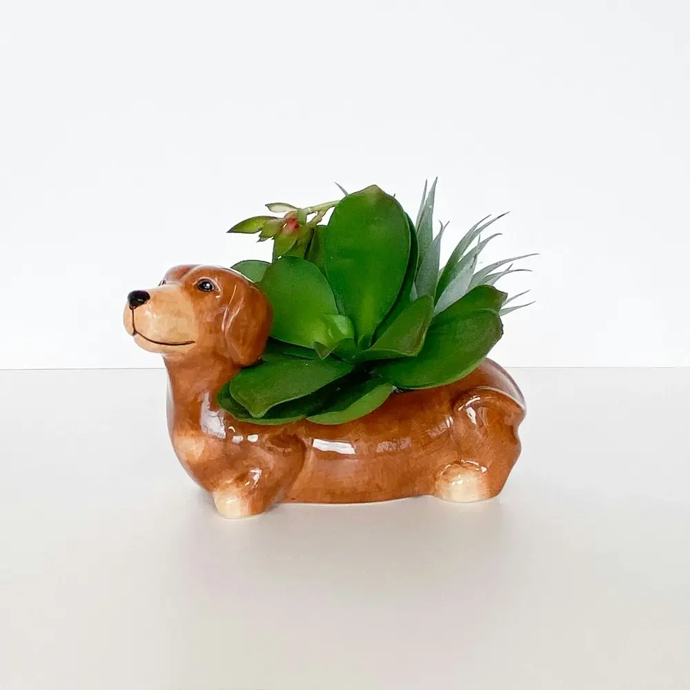 2x Urban Products Cute Dachshund Themed Planter Box Home Garden Decor Brown 20cm