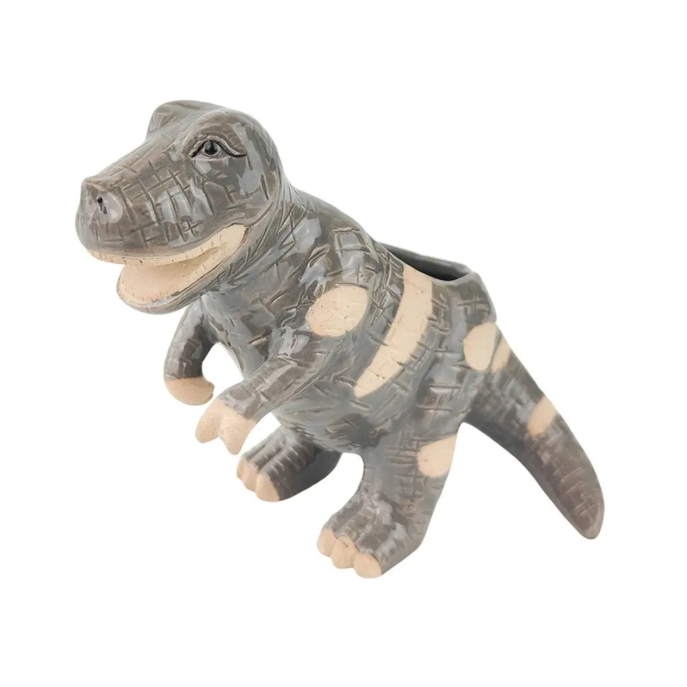 2x Urban T-Rex Dinosaur 13cm Ceramic Planter Garden Ornament Display Pot Grey