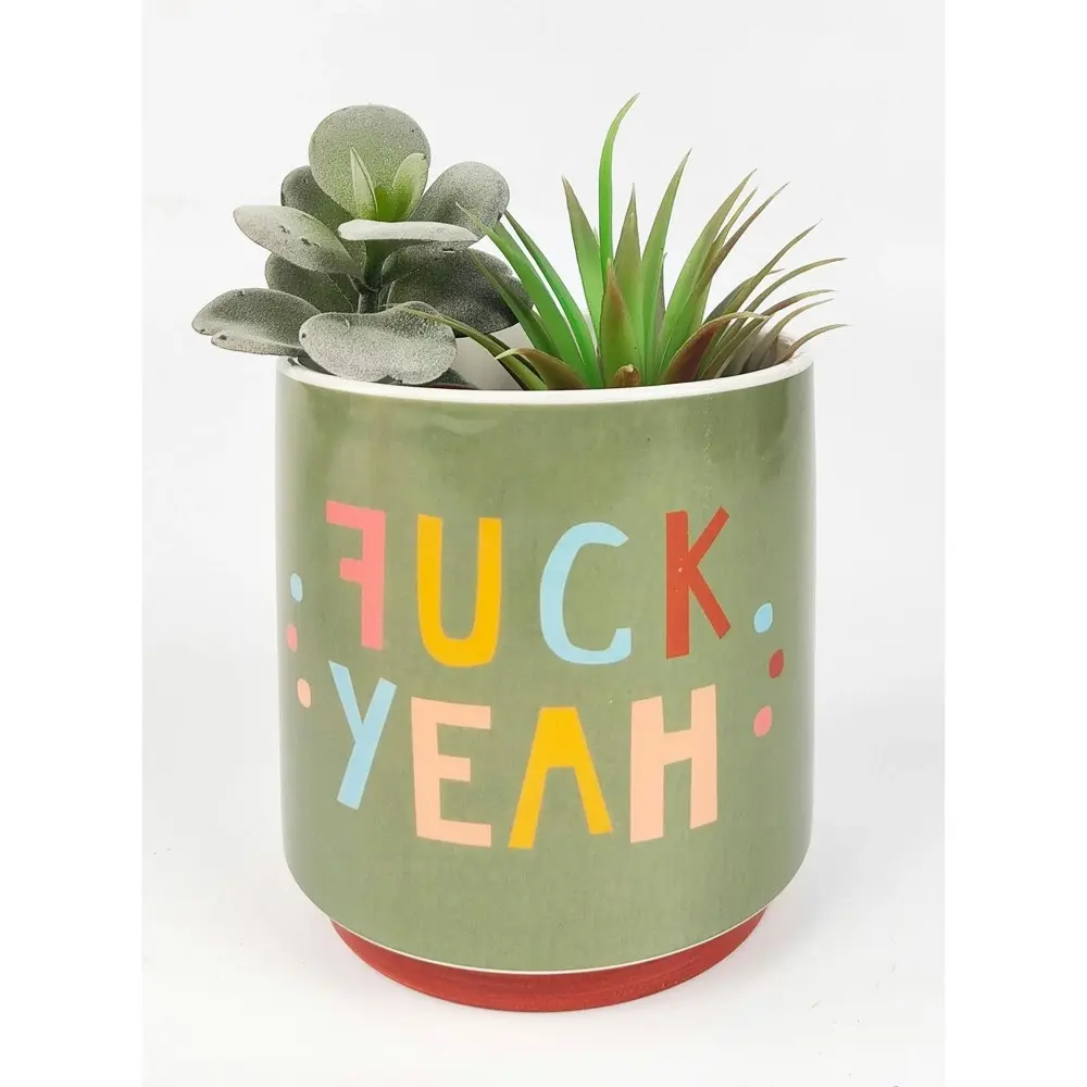 Urban 13cm Funky Quote fu*k Yeah Ceramic Planter Garden Plant/Flower Pot Green