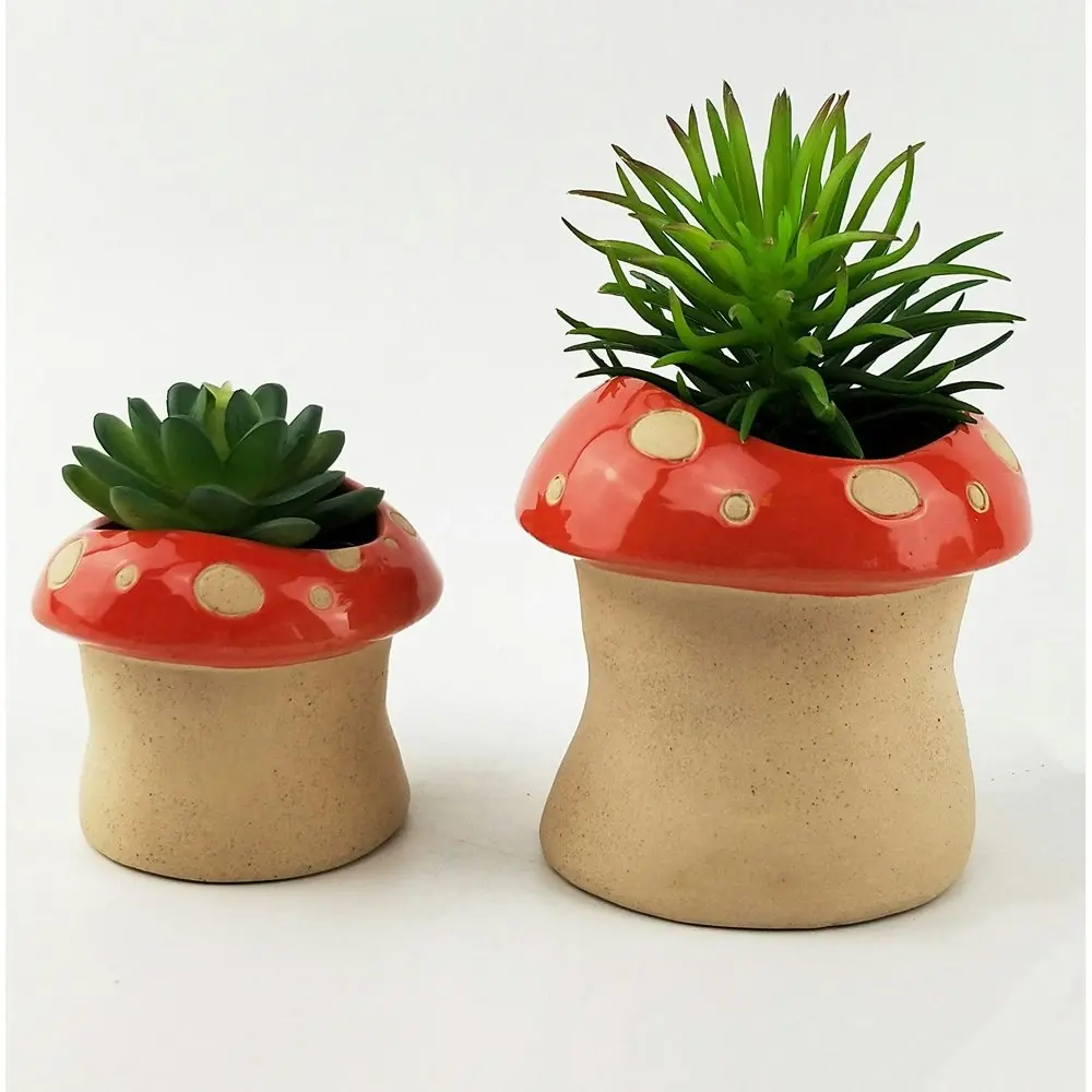 2x Urban 10cm Mushroom Ceramic Planter Garden Decor Plant/Flower Pot Medium Red