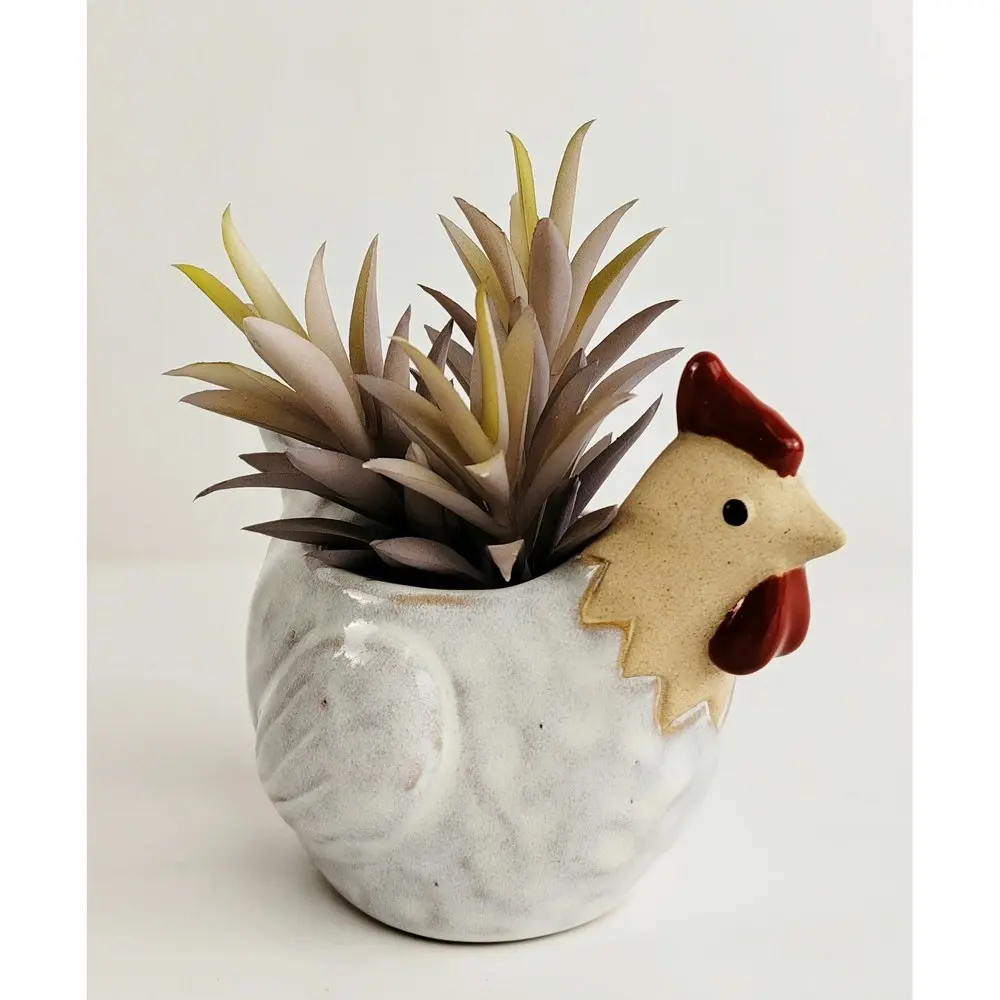 2x Urban 10cm Ceramic Chicken Planter Plant Pot Home/Garden Decor Med White/Sand