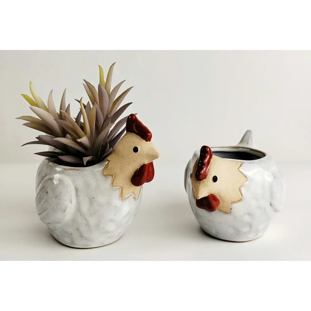 2x Urban 10cm Ceramic Chicken Planter Plant Pot Home/Garden Decor Med White/Sand