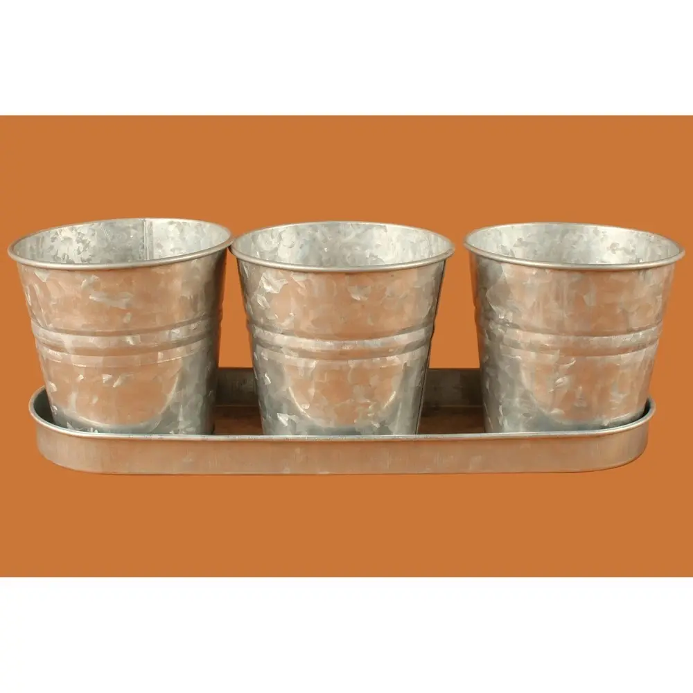 3pc Yard Master 33x11cm Loke Antiqued Metal Pot Plant Container w/ Tray Silver