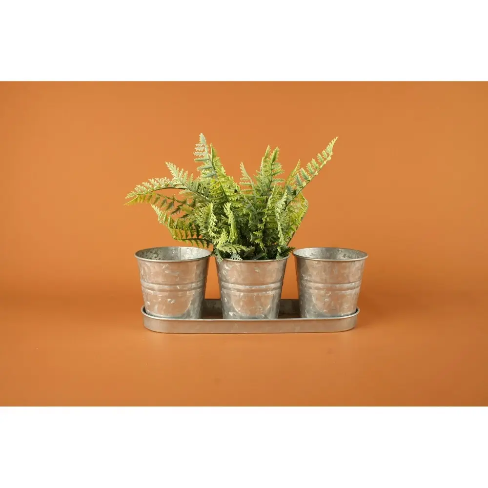 3pc Yard Master 33x11cm Loke Antiqued Metal Pot Plant Container w/ Tray Silver