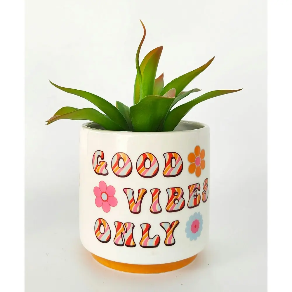 Urban 13cm Retro Ceramic Planter Floral Good Vibes Only Garden Decor Plant Pot