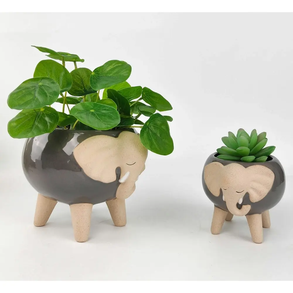 2x Urban Elephant 11cm Ceramic Planter w/ Legs Garden Ornament Pot Small Grey