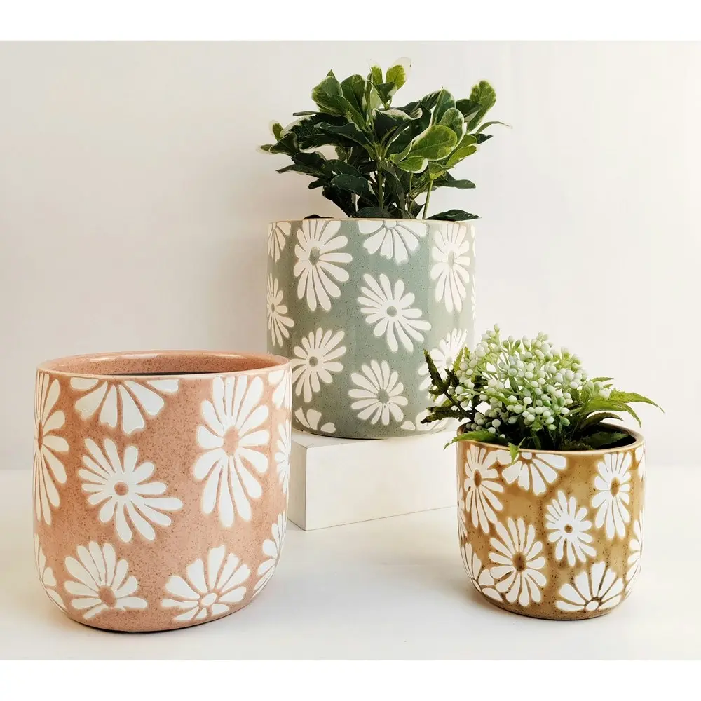 2x Urban 9cm Ceramic Rylie Floral Planter Plant/Flower Pot Home/Garden Decor YLW