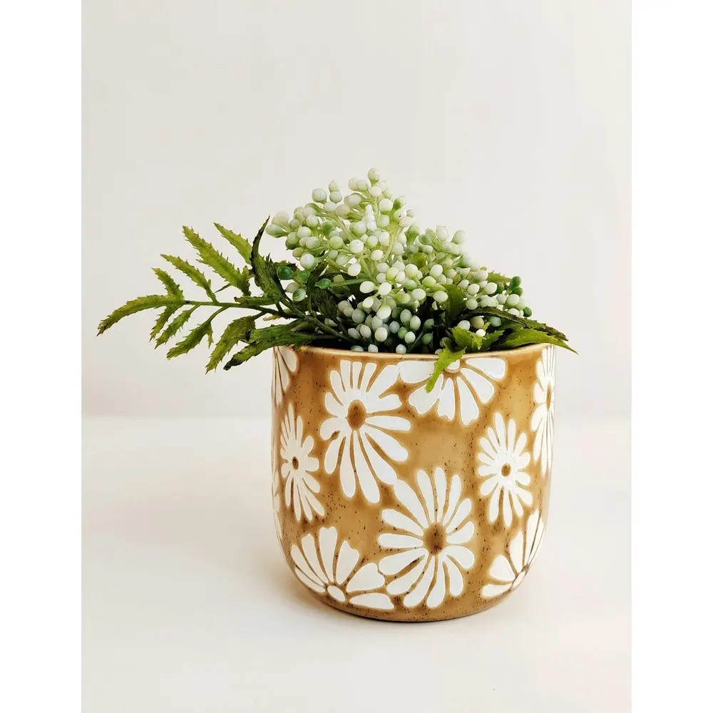 2x Urban 9cm Ceramic Rylie Floral Planter Plant/Flower Pot Home/Garden Decor YLW