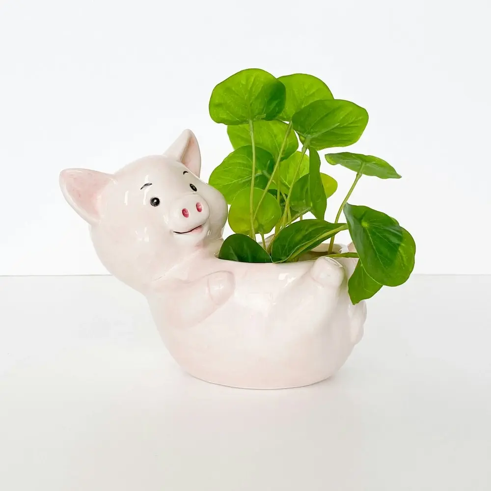 2x Urban Products Reclining Pig Themed Planter Home Garden Decor Light Pink 17cm