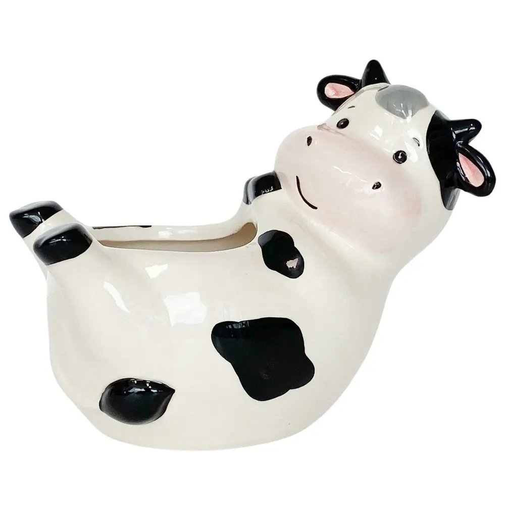 2x Urban Products Reclining Cow Themed Home Garden Decor Planter White 18cm