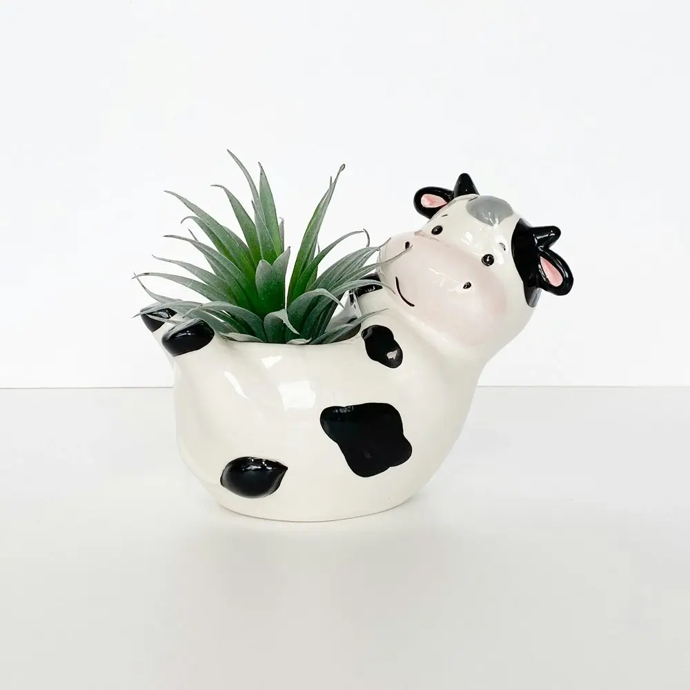 2x Urban Products Reclining Cow Themed Home Garden Decor Planter White 18cm