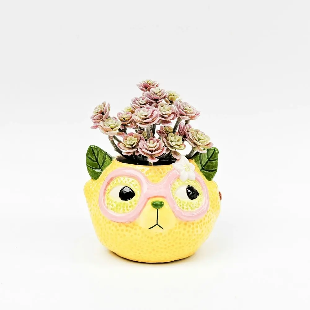 2x Urban Products Tropicana Cat Lemon Themed Planter Garden Decor Yellow 9cm