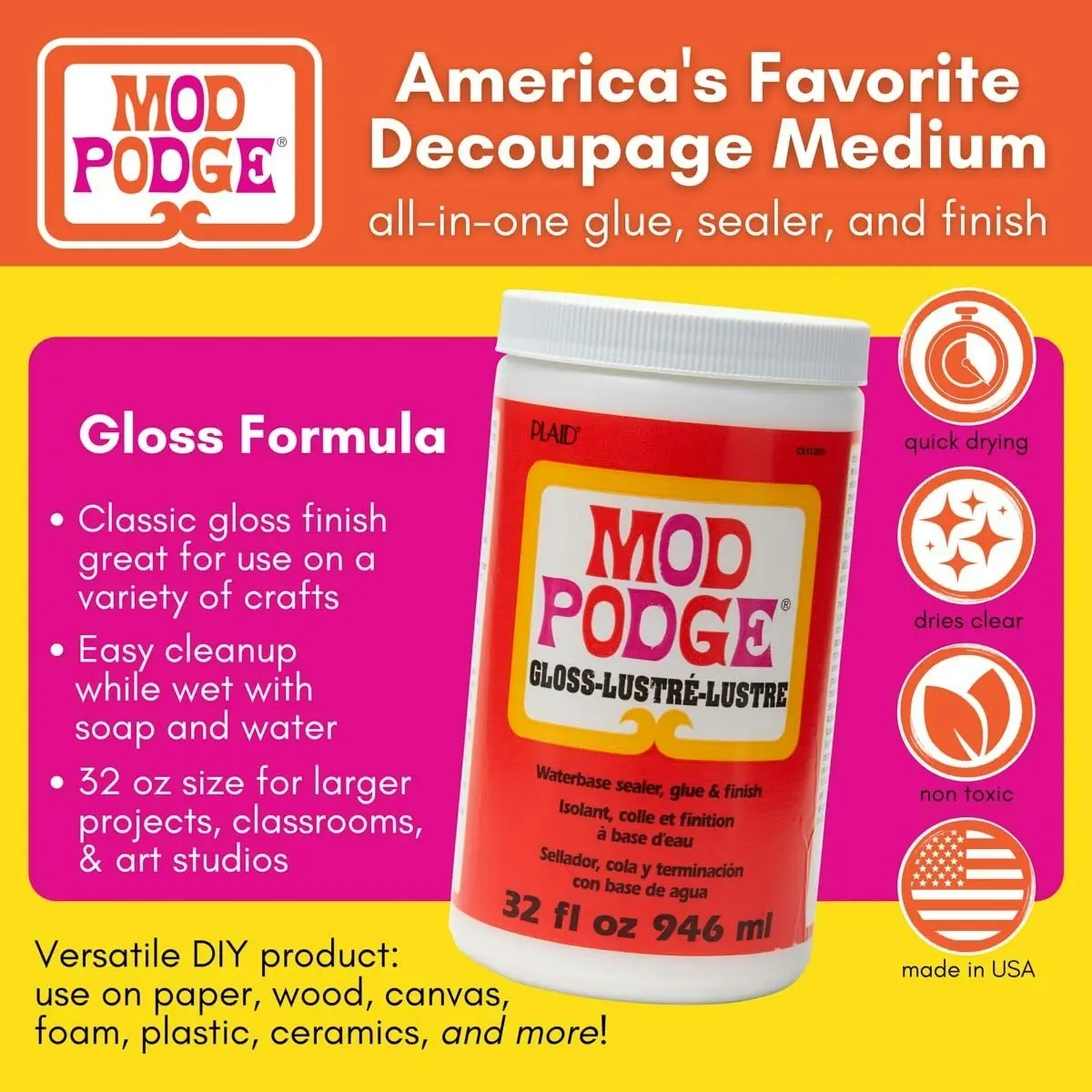 Plaid Mod Podge 946ml All-in-One Sealer Glue Quick-Drying Clear Gloss Finish