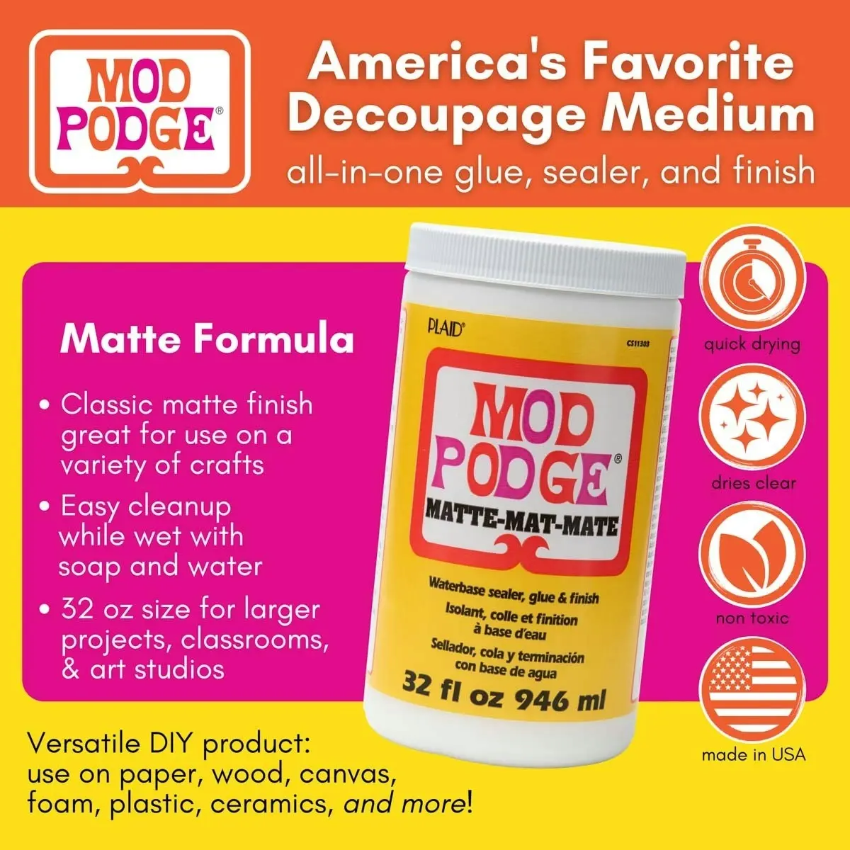 Plaid Mod Podge 946ml All-in-One Sealer Glue Quick-Drying Clear Matte Finish