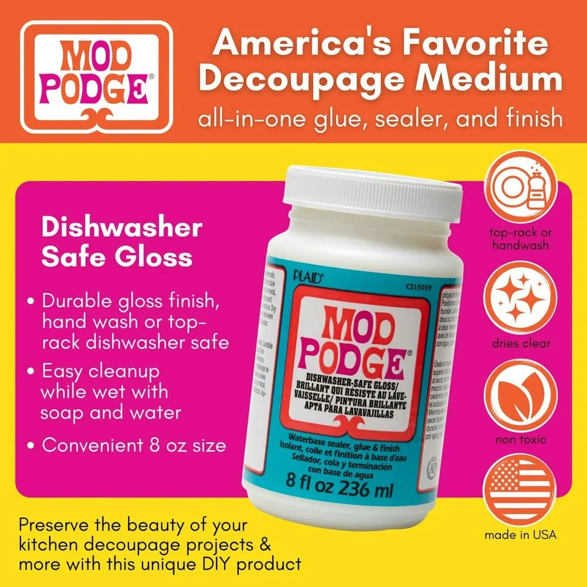 Plaid Mod Podge All-in-One 236ml Sealer Glue Finish Dishwasher Safe Clear