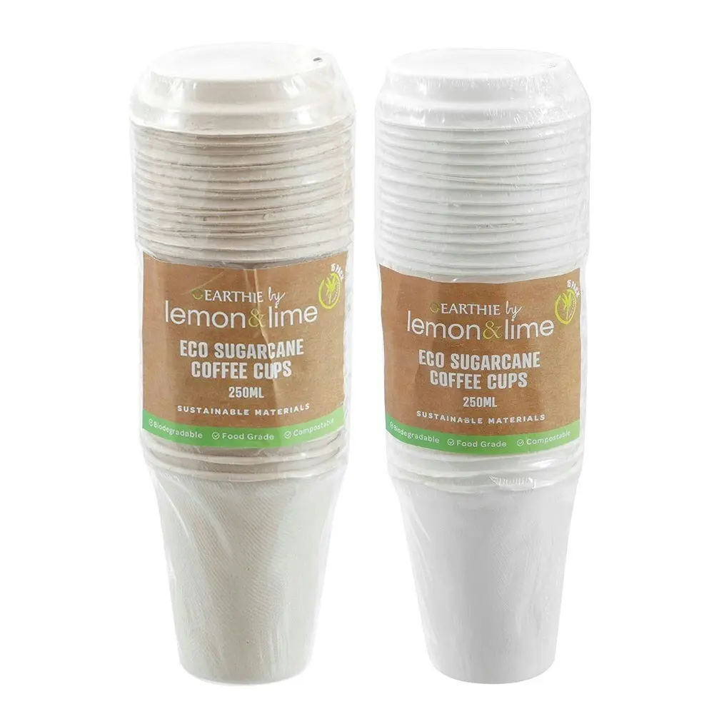 6x 15PK Lemon & Lime 250ml Eco Sugarcane Coffee Cup w/ Lid Biodegradable Sip Mug