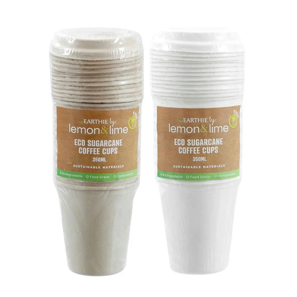 6x 12PK Lemon & Lime 350ml Eco Sugarcane Coffee Cup w/ Lid Biodegradable Sip Mug