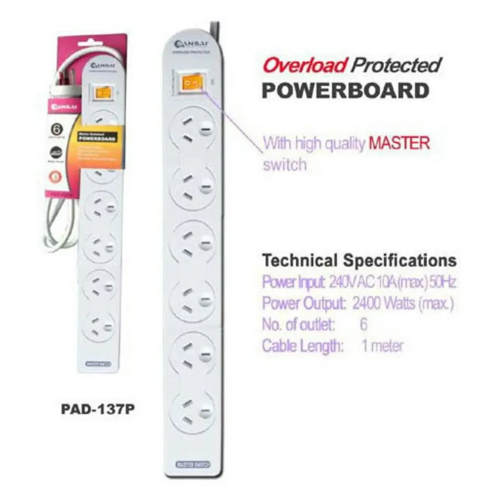 2PK Sansai 6 Way Power Board Outlets/Socket w/ Single Switch/Overload Protection