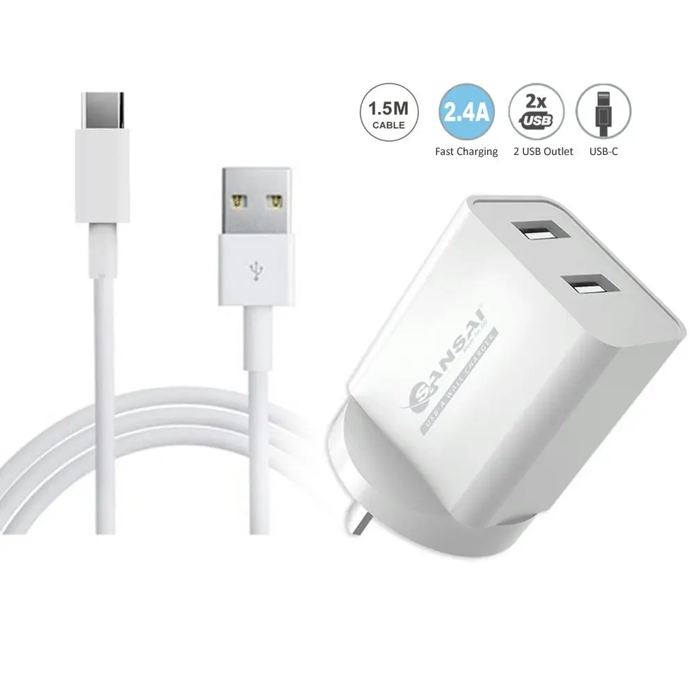 4x Sansai Dual USB Wall Charger/USB C Charging Cable for Smartphones Samsung HTC