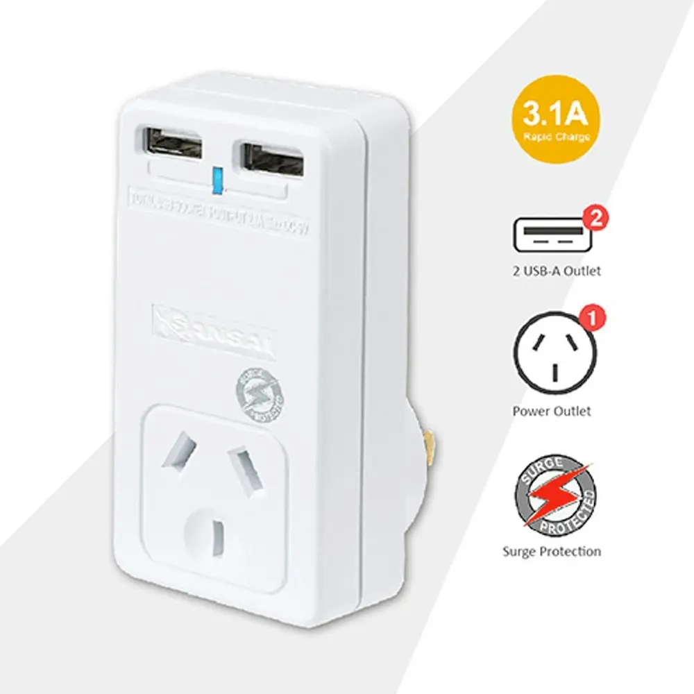 2PK Sansai 3.1A USB Wall Socket Adaptor Plug Phone Charger With USB-A Ports Wht