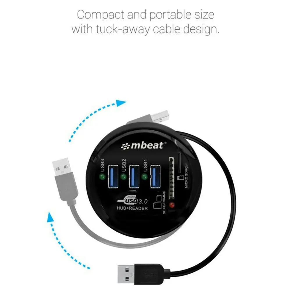 mBeat 2-in-1 Portable USB 3.0 Hub and SD MicroSD Card Reader for Laptop Macbook