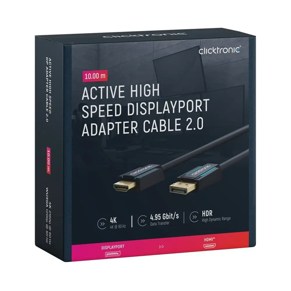 Clicktronic 10m Male Active DisplayPort to HDMI Cable Connector For Laptop/PC BK