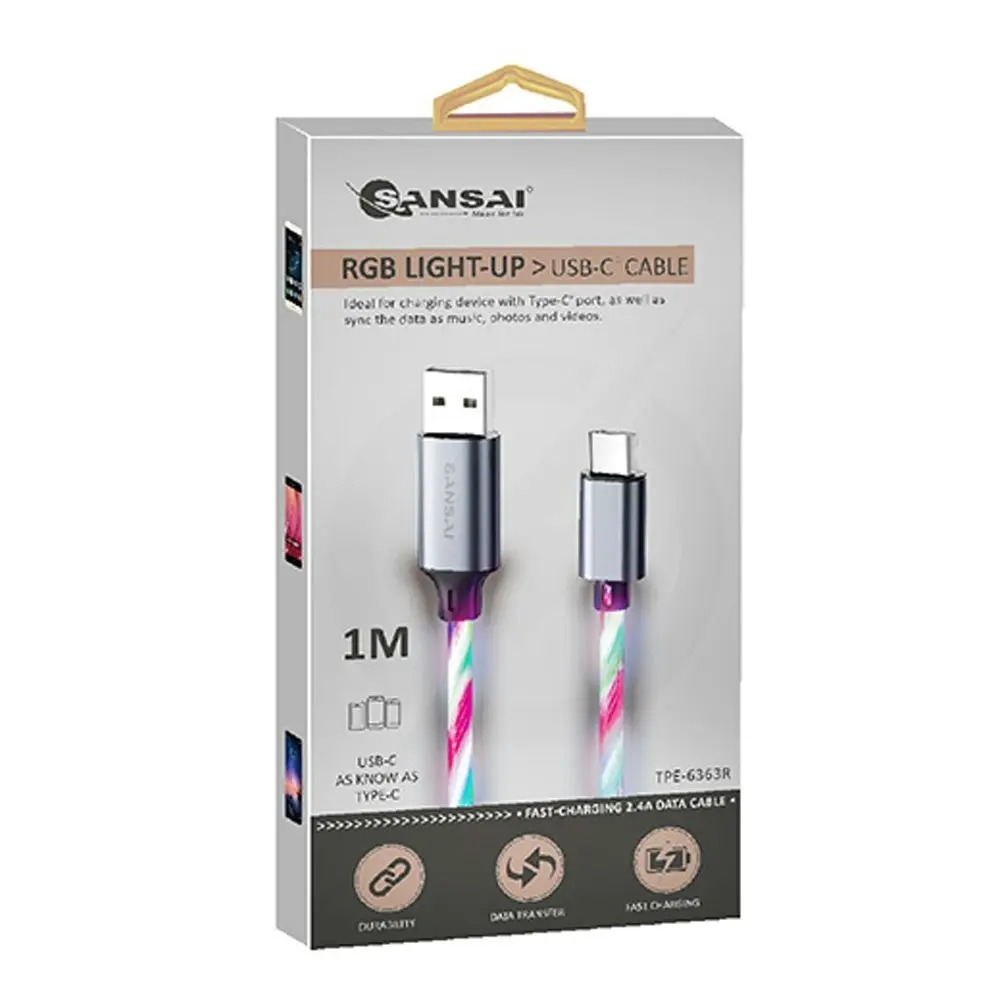 2PK Sansai RGB Flowing Light Up USB-A Male to Male USB-C Charging/Data Cable 1m