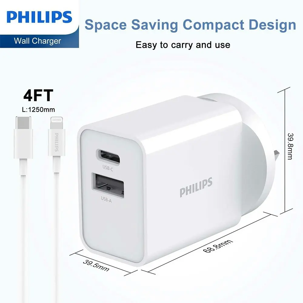 Philips 20W iPhone Wall Charger Adapter w/USB-C to Mfi-Certified Lightning Cable