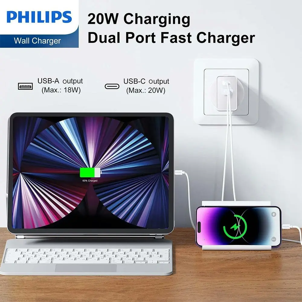 Philips 20W iPhone Wall Charger Adapter w/USB-C to Mfi-Certified Lightning Cable