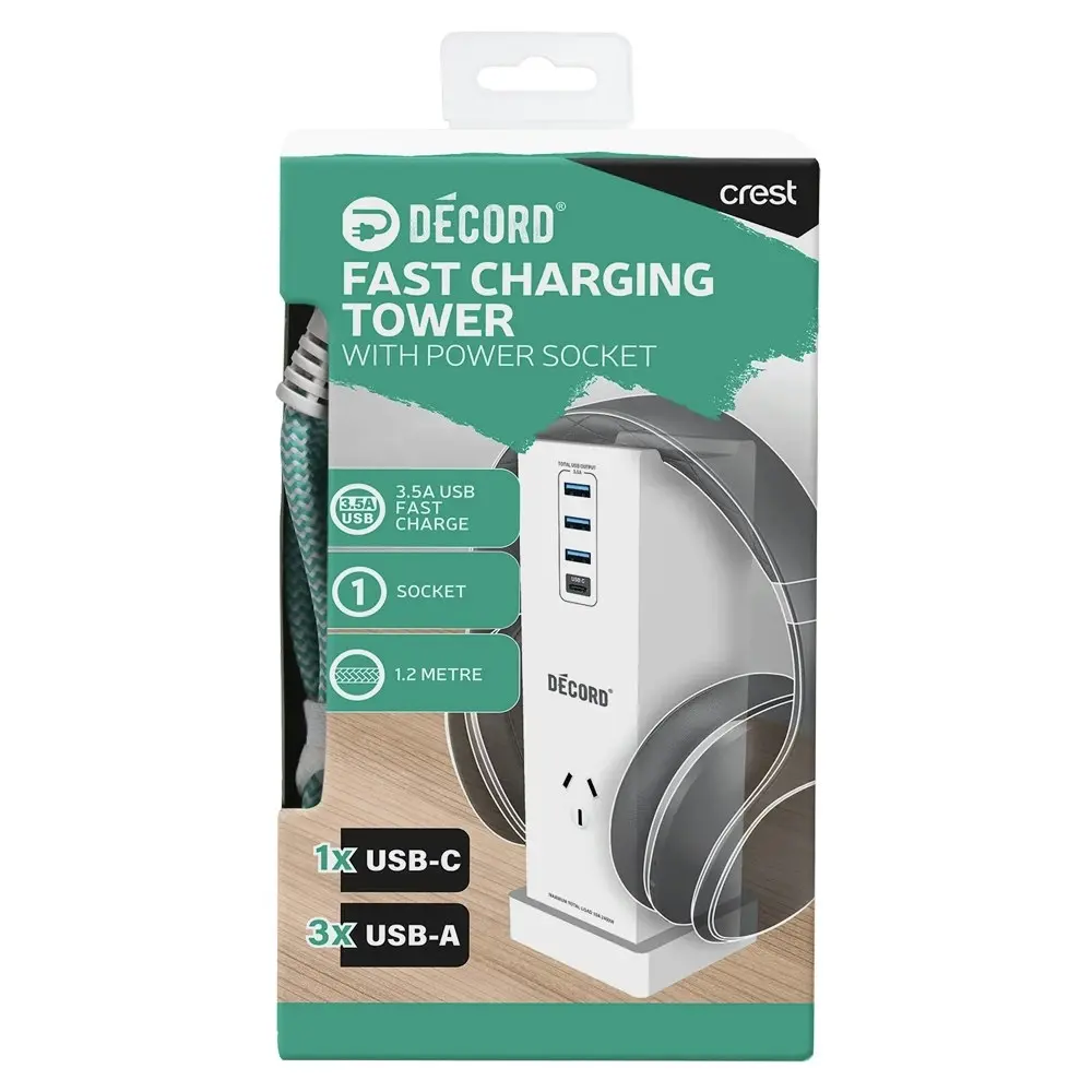 Crest Decord Office Headphone Stand USB-C/USB Power Board Tower Station White