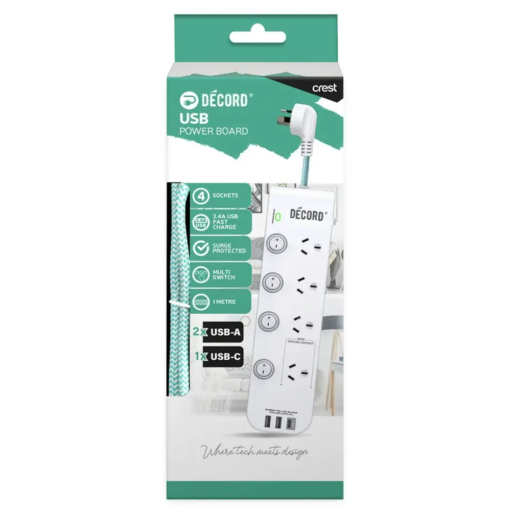 Crest Decord 4-Way Switched 1m Power Board 3-USB-A/USB-C Socket Extension White