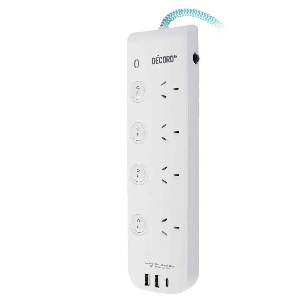 Crest Decord 4-Way Switched 1m Power Board 3-USB-A/USB-C Socket Extension White