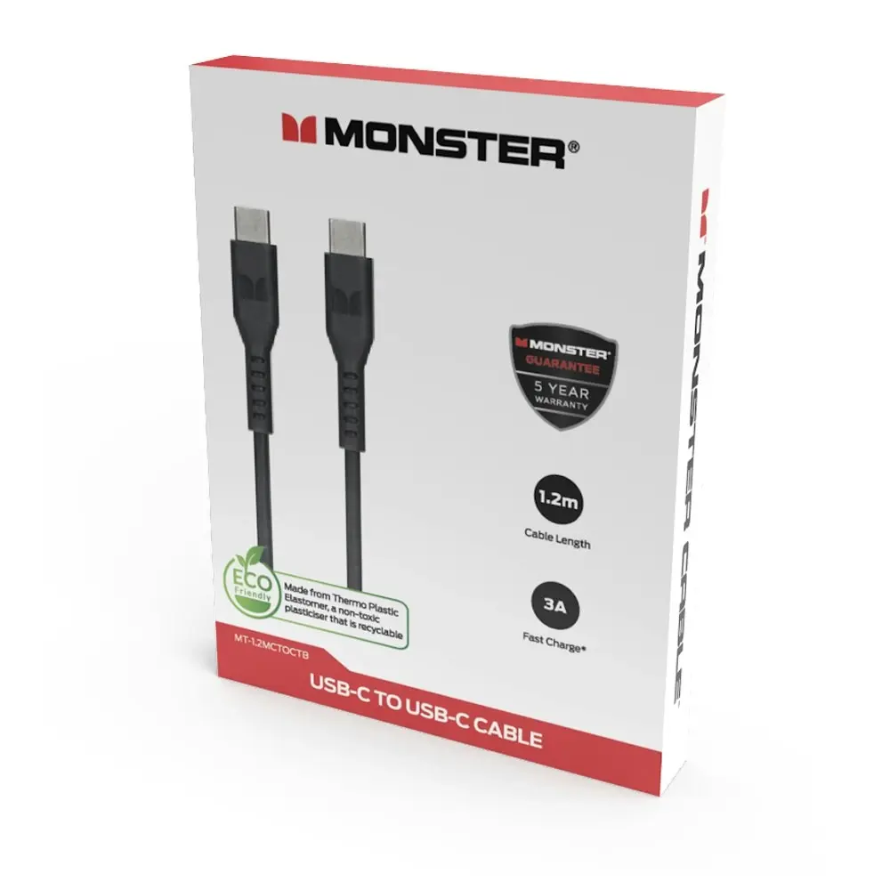 Monster TPE 1.2M USB-C to USB-C Phone Charging/Sync Power/Data Cable Black