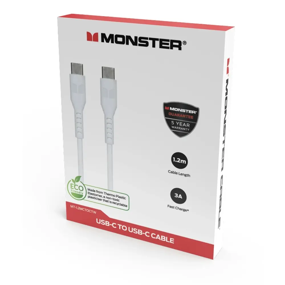 Monster TPE 1.2M USB-C to USB-C Phone Charging/Sync Power/Data Cable White