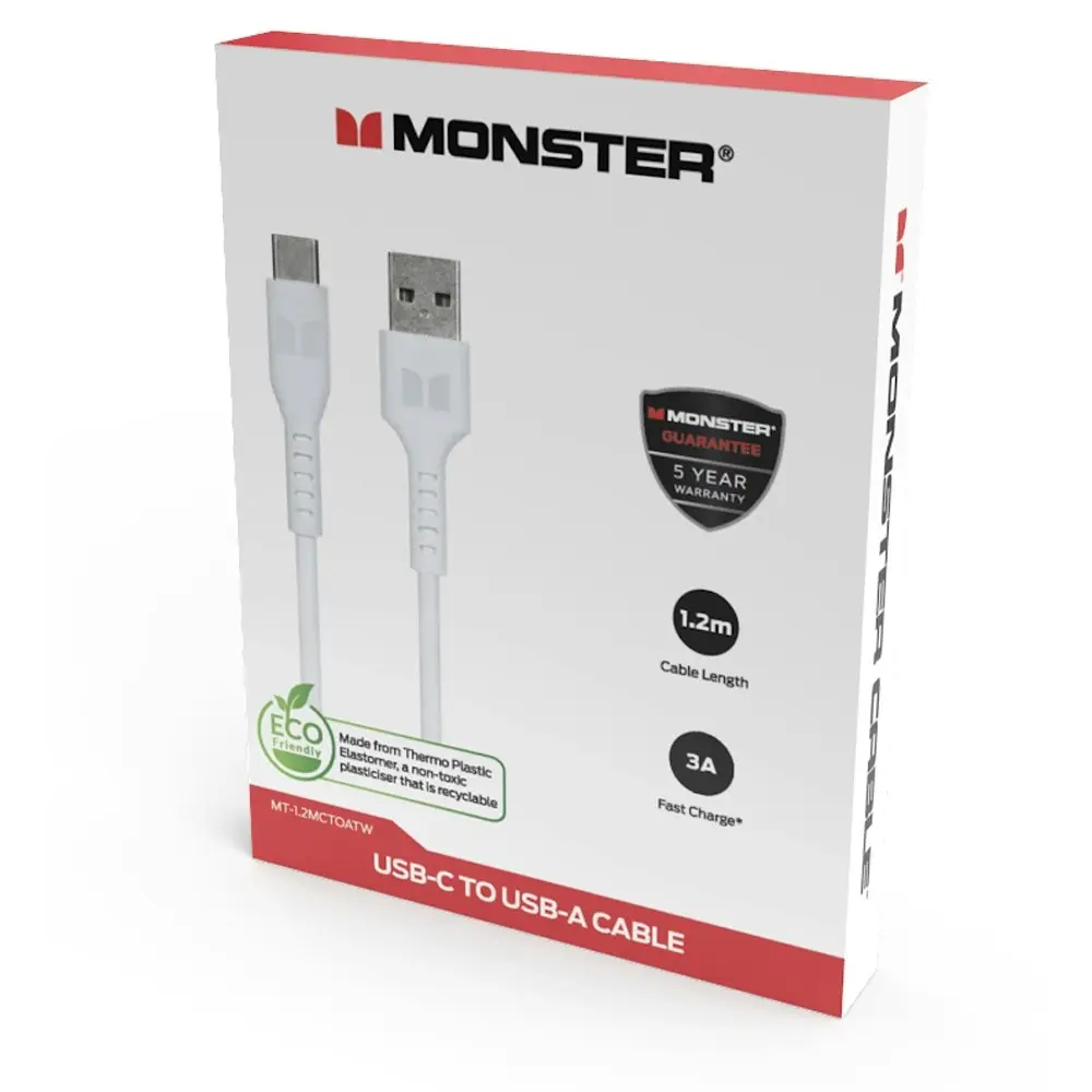 Monster TPE 1.2M USB-C to USB-A Phone Charging/Sync Power/Data Cable White