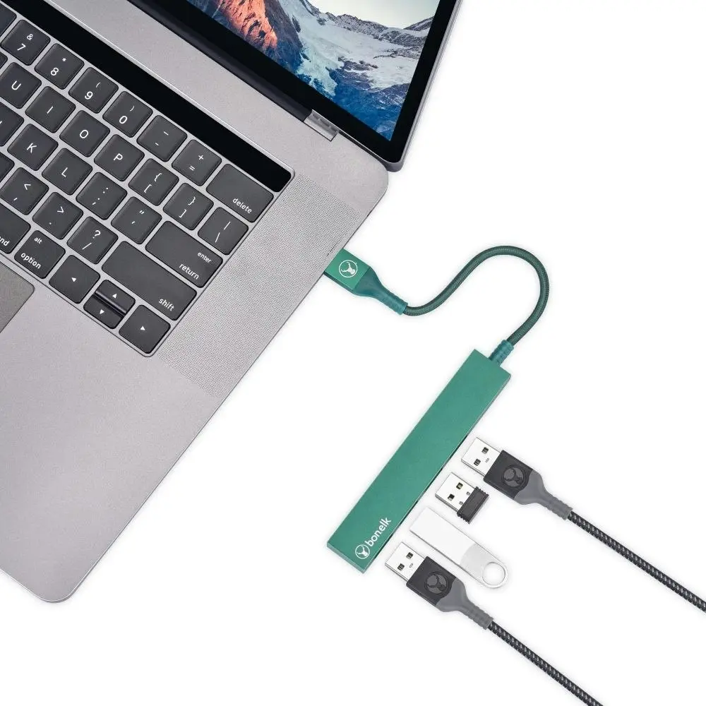 Bonelk Long-Life Male USB-A to 4-Port Female USB 3.0 Slim Hub For Laptop Green