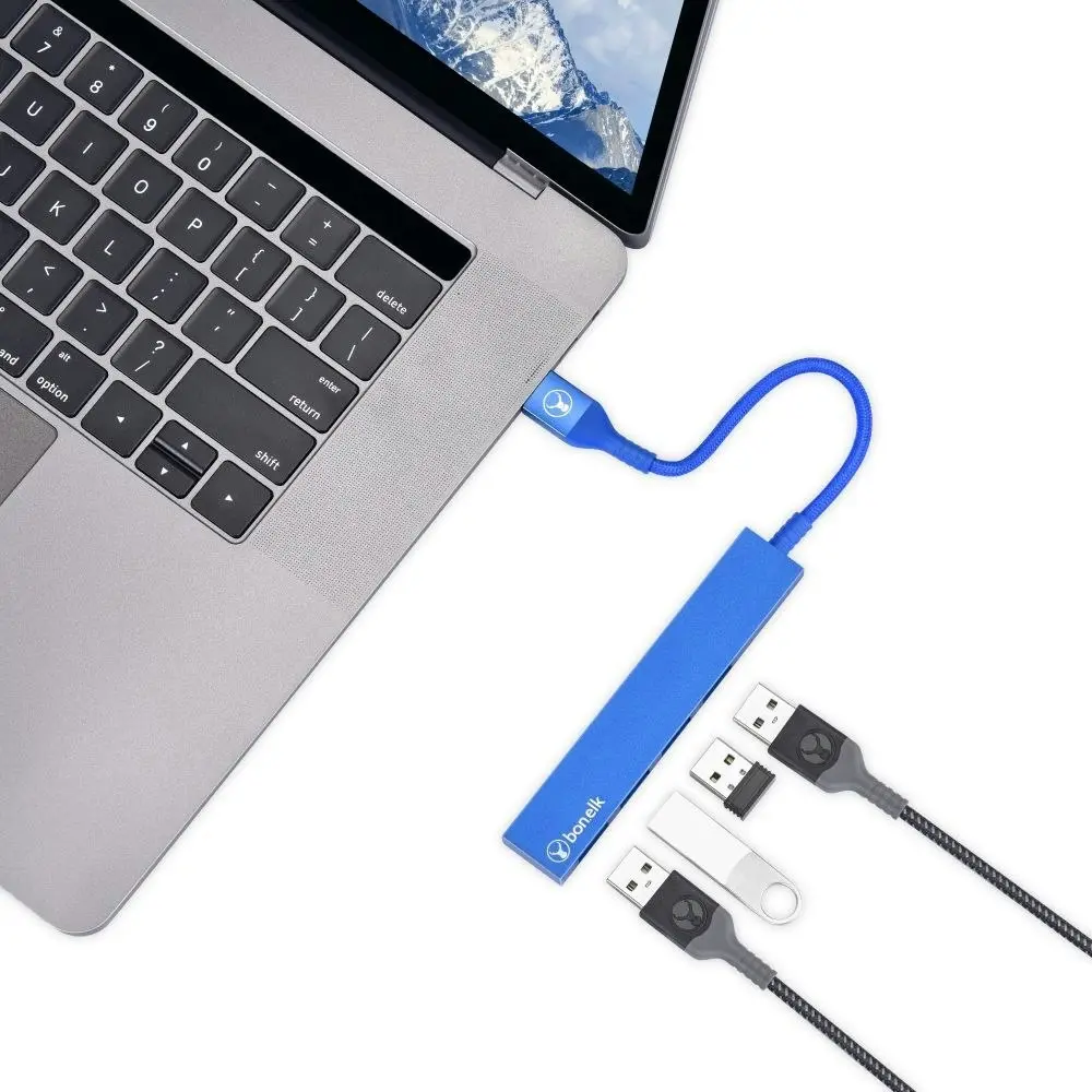 Bonelk Long-Life Male USB-A to 4-Port Female USB 3.0 Slim Hub For Laptop Blue