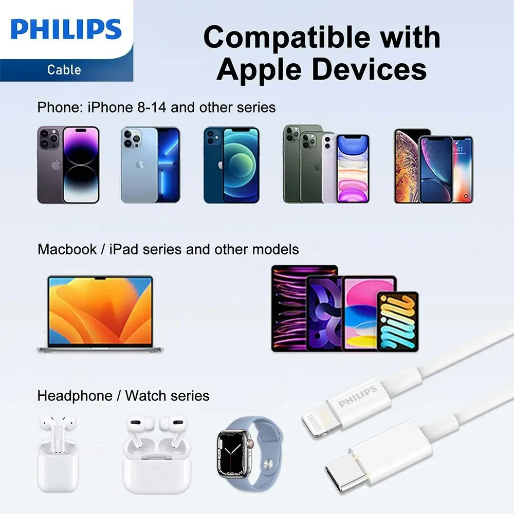 Philips 1.25m USB-C to Lightning Charge Cable Mfi Certified Connector For iPhone