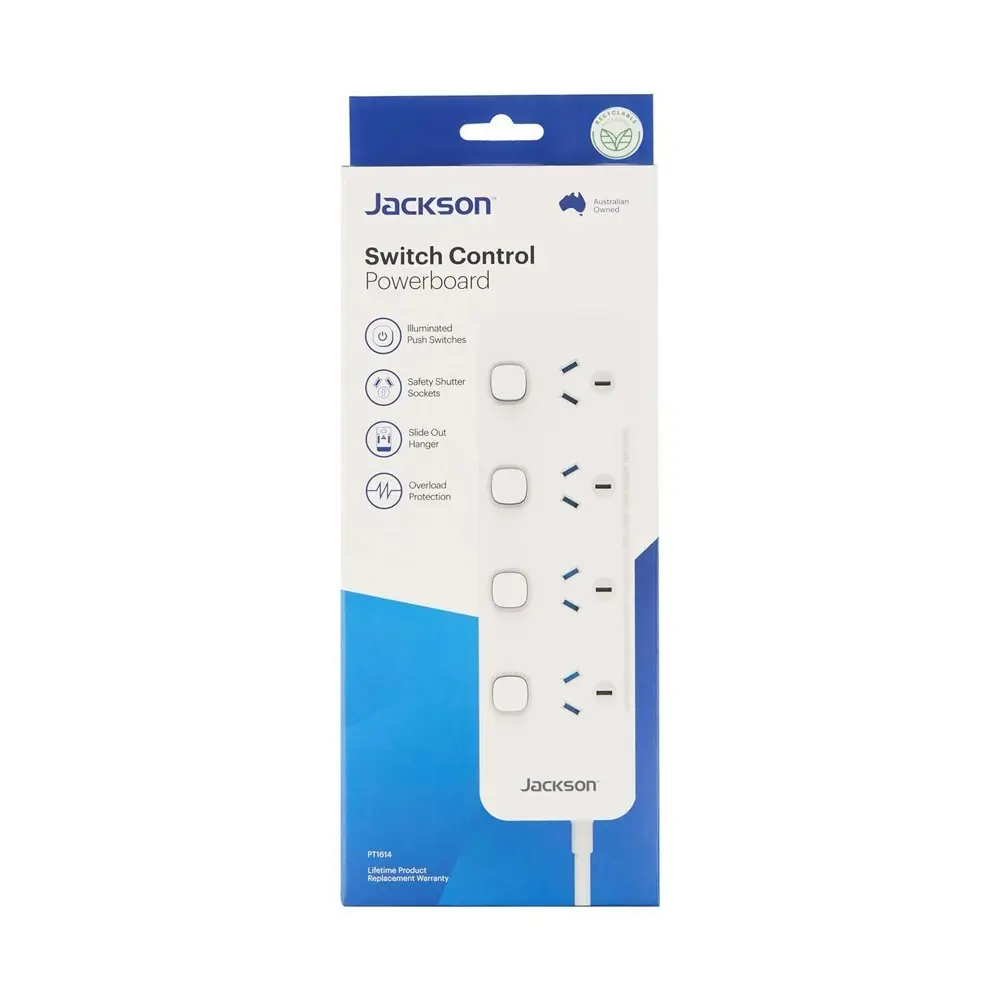 Jackson 22cm Power Board 4-Outlet Switch Control w/ Overload Protection White