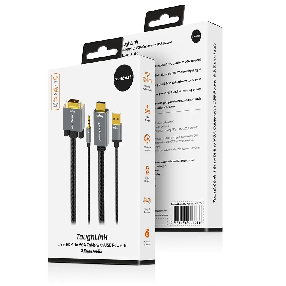 mBeat Tough Link 1.8m HDMI To VGA Adapter Cable With USB Power And 3.5mm Audio