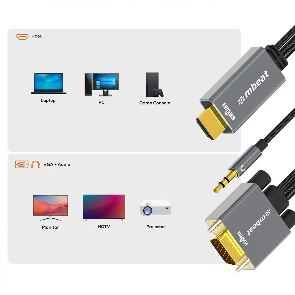 mBeat Tough Link 1.8m HDMI To VGA Adapter Cable With USB Power And 3.5mm Audio