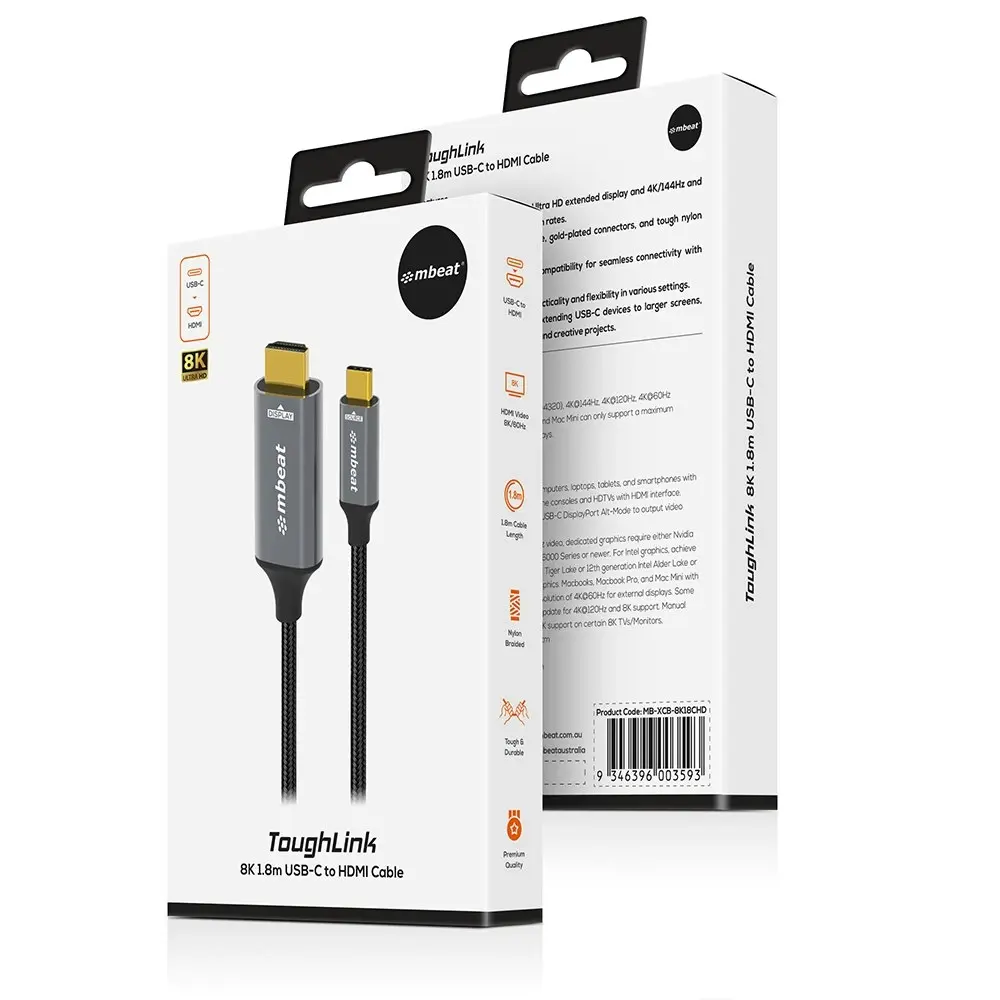 mBeat Tough Link 8K 1.8m USB-C Male To HDMI Male Adapter Cable - Grey/Black